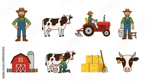 Cartoon collection of diverse farmers working on a rural ranch with cows, red tractors, hay bales and simple wooden barns.