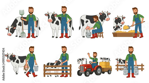Cartoon male farmer character shown in various poses interacting with dairy cows, feeding livestock, milking animals and driving tractors