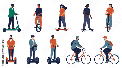 A Diverse Collection of Modern Urban Professionals and Citizens Utilizing Sustainable Micro-Mobility Solutions for Efficient Metropolitan Transportation
