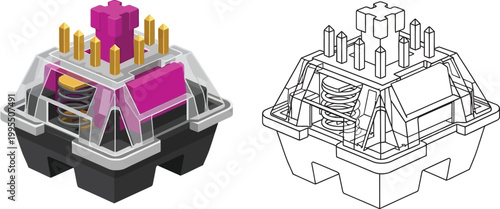 Mechanical keyboard switch detailed illustration and blueprint for custom keyboard design and tech concepts