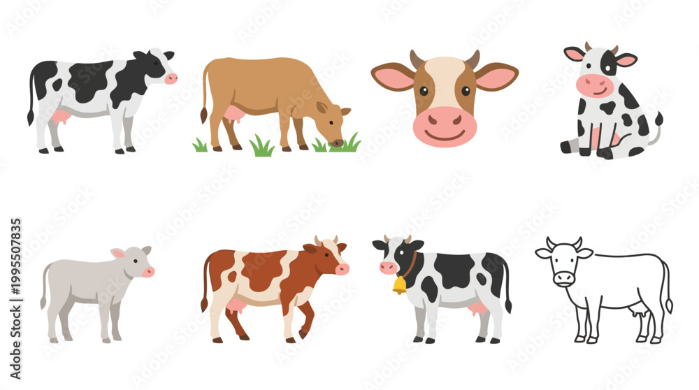 Fototapeta premium A collection of cartoon cows and a calf showcasing different breeds and styles.
