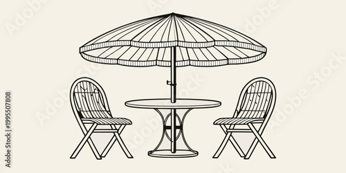 A simple line drawing of a cafe table and two chairs with umbrella