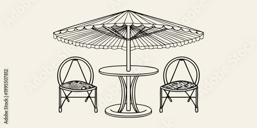 A minimalist line drawing of a cafe table and two chairs