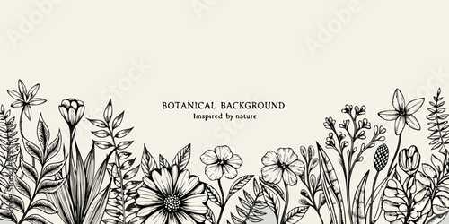 Obraz na płótnie Detailed botanical illustration with various flowers and leafy branches