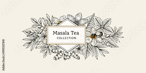 Elegant floral frame showcases a masala tea collection label