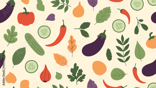 Seamless vector pattern featuring various healthy vegetables like eggplants, chili peppers, and cucumbers on a cream background.