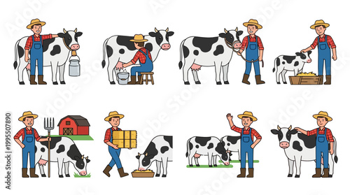 Cartoon farmer characters wearing hats and overalls performing daily agricultural tasks while interacting with cute black and white spotted cows