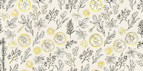 Botanical illustration featuring citrus slices and various leafy herbs