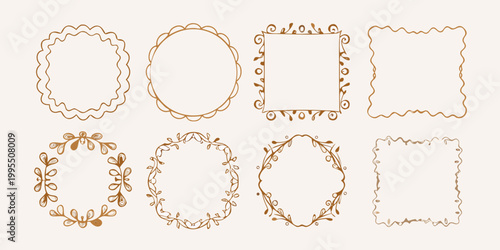 Collection of hand drawn decorative brown frames and floral elements
