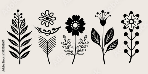 A collection of delicate black floral and botanical line art illustrations