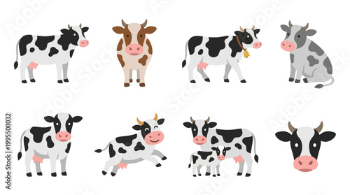 A delightful collection of cartoon cows in diverse poses and color patterns, including playful calves, perfect for farm-themed illustrations.