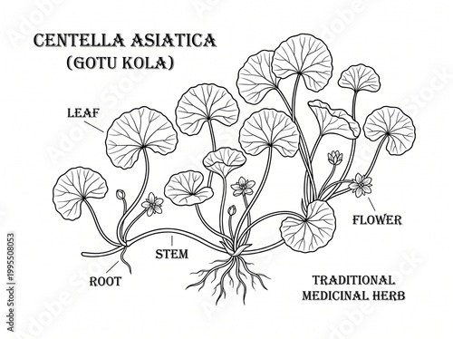 Outline vector drawing centella asiatica, gotu kola plant with text labels. traditional medicinal herb, botanical illustration. Isolated on white