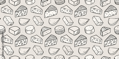 Seamless pattern of various cheese blocks and wedges in sketch style