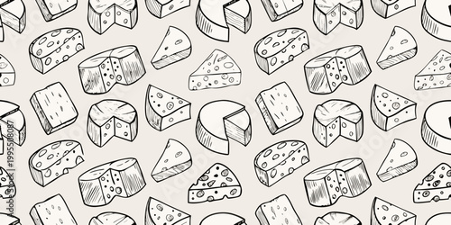 Seamless pattern of various cheese wedges and blocks hand drawn style