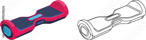 Pink and blue hoverboard isometric vector illustration and outline isolated on white background
