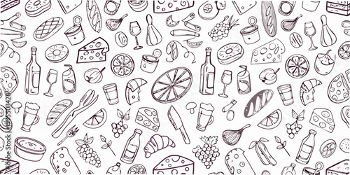 A detailed hand drawn illustration of various food and drink items