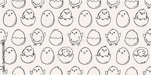 Seamless pattern of hatching chicks and broken eggshells in black and white
