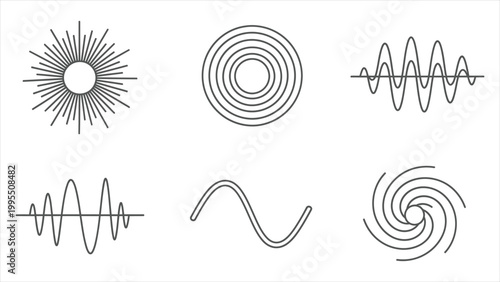 A Minimalist Collection of Linear Icons Representing Fundamental Physics Concepts, Wave Dynamics, and Geometric Patterns of Energy and Vibration