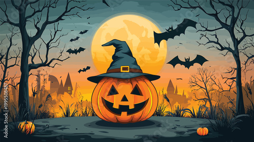 Jack O Lantern Halloween Pumpkin Wearing Witch Hat.