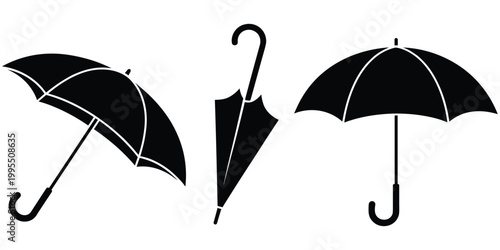 Umbrella silhouettes open closed tilted design, rain protection accessory concept, minimal monochrome weather artwork for fashion branding themes, flat vector illustration