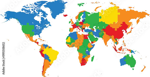 Colorful world map vector with multi-colored countries, global political map illustration, vibrant earth atlas for educational and business infographics