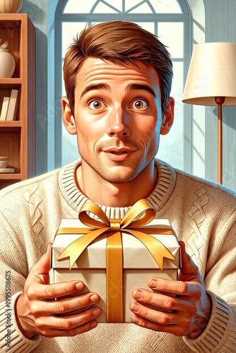 Surprised man holding a wrapped gift with a ribbon in his hands