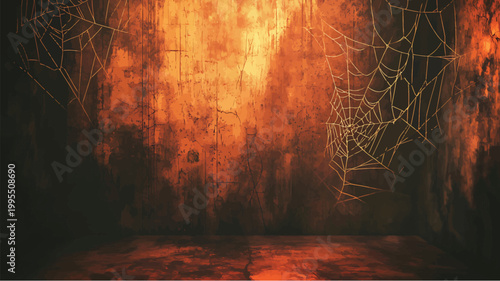 Spooky Cobwebs Hanging in Dark Abandoned Room.