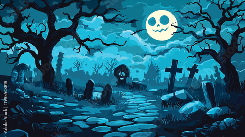 Spooky Halloween Cemetery Scene with JackoLantern and Full Moon.