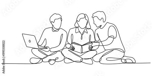 Continuous line drawing, people sitting, collaborative work, teamwork, minimalist illustration, one line art