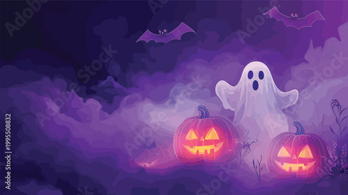Spooky Halloween Ghost and Pumpkins in Foggy Night.