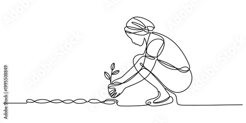 Continuous line drawing, minimalist woman planting seedling, simple outline art, eco friendly concept, green thumb vector