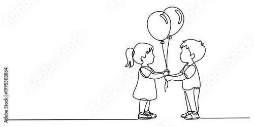 Continuous line drawing Vector illustration of children holding balloons, kid's party decoration, black and white line art, simple cartoon characters