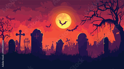 Spooky Halloween graveyard with bats and full moon.