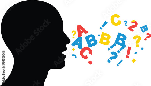 Speech therapy concept with human profile silhouette, colorful alphabet letters and punctuation marks, language learning and communication vector