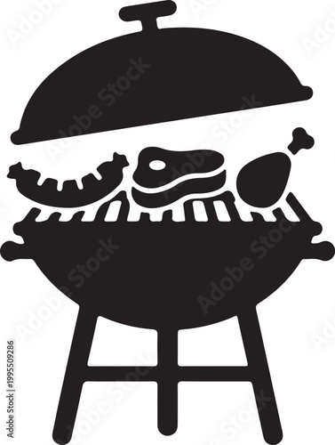 A black and white vector icon of a kettle barbecue grill featuring a sausage, a steak, and a chicken leg cooking on the grate with an open lid.