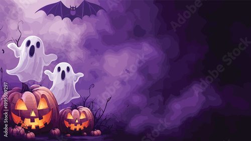 Spooky Halloween Pumpkins and Ghosts Gathering.