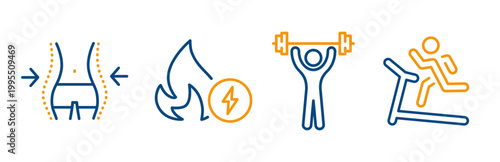 slim figure achievement icons, energy burning, strength exercises, cardio training, outline fit editable icon set