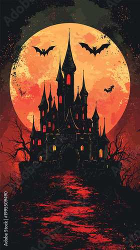 Spooky haunted castle silhouette against a blood moon.