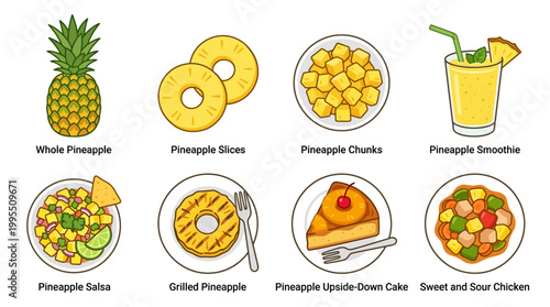 A collection of various delicious pineapple food items including fresh fruit slices chunks smoothie salsa grilled rings cake and stir-fry