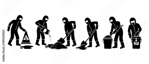Hazmat cleaning crew icon set, workers in protective suits with chemical spill equipment and tools for hazardous material decontamination and industrial cleanup, black silhouette vector illustration.