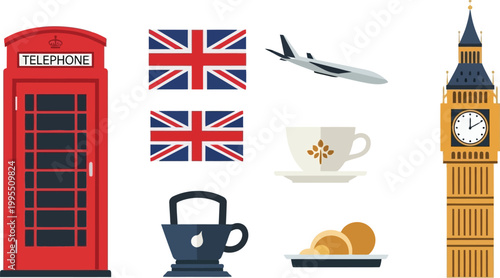 London travel icons set, British culture vector elements with red telephone booth and Big Ben, United Kingdom tourism symbols for vacation planning