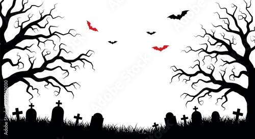 Spooky Halloween Graveyard Scene with Bats and Dead Trees Silhouette