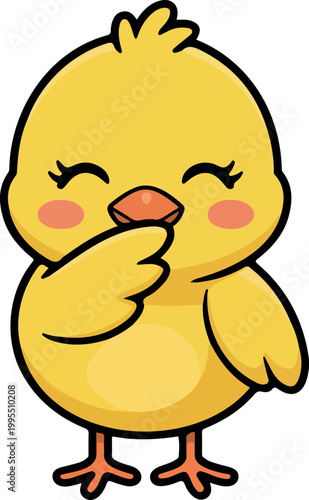 Cute shy yellow chick character in flat vector style, simple child friendly illustration for kids design and nursery themes