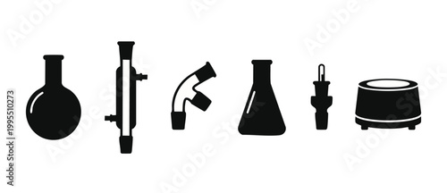 Laboratory Glassware Icons Set, Chemical Research Equipment Symbols, Scientific Flasks and Condenser Unit, Minimalist Black Silhouette Collection for Biology Science Lab and Chemistry Experiment Analy