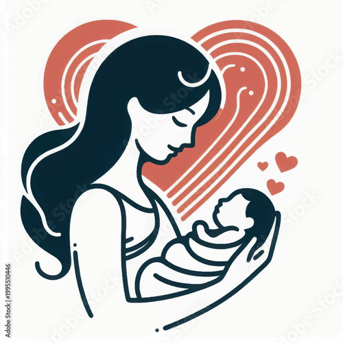 Mother Cradling Newborn Baby Illustration. Love, Maternal Care, and Family Bonding Vintage Graphic Design.