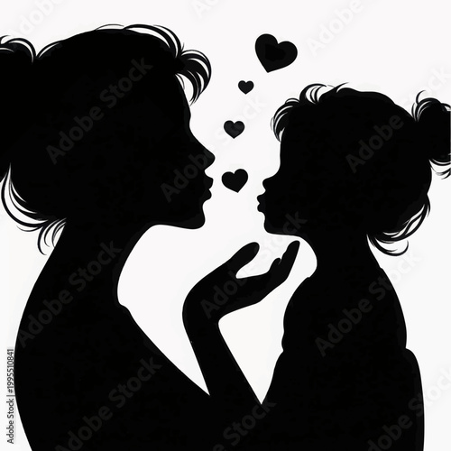 Mother and Daughter Silhouette Portrait - Family Love, Affection, Kissing, and Tender Bond Illustration