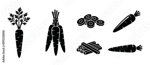 Carrot vegetable icon set black silhouette collection, fresh organic carrots whole, sliced and chopped stick pieces for healthy food design, isolated vector illustrations on a simple white background.