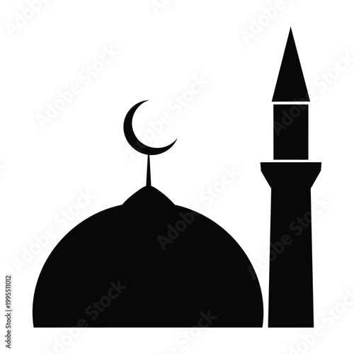 Black silhouette of a mosque with crescent moon on white background