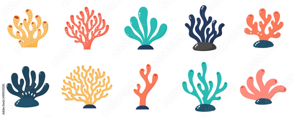 Fototapeta premium Colorful Hand Drawn Coral Reef Set