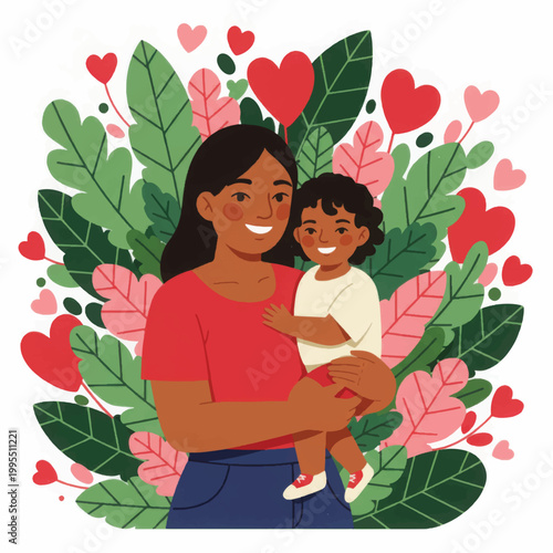Loving Mother and Child Illustration Surrounded by Botanical Leaves and Hearts. Diverse Happy Family Portrait.
